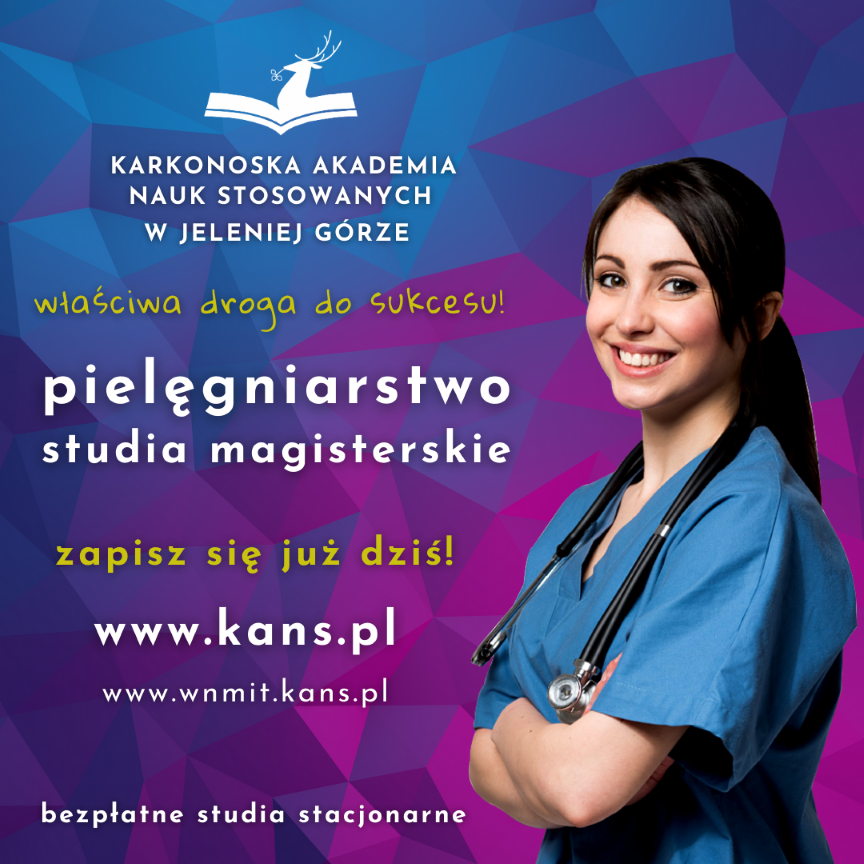 Ulotka KANS w Jeleniej Górze informująca o studiach magisterskich na kierunku pielęgniarstwo. Więcej informacji: www.kans.pl